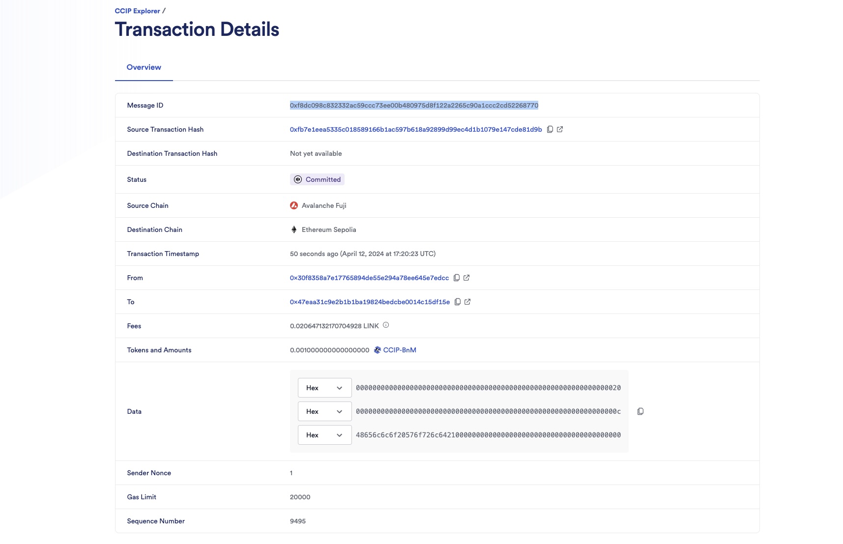 Chainlink CCIP Explorer transaction details